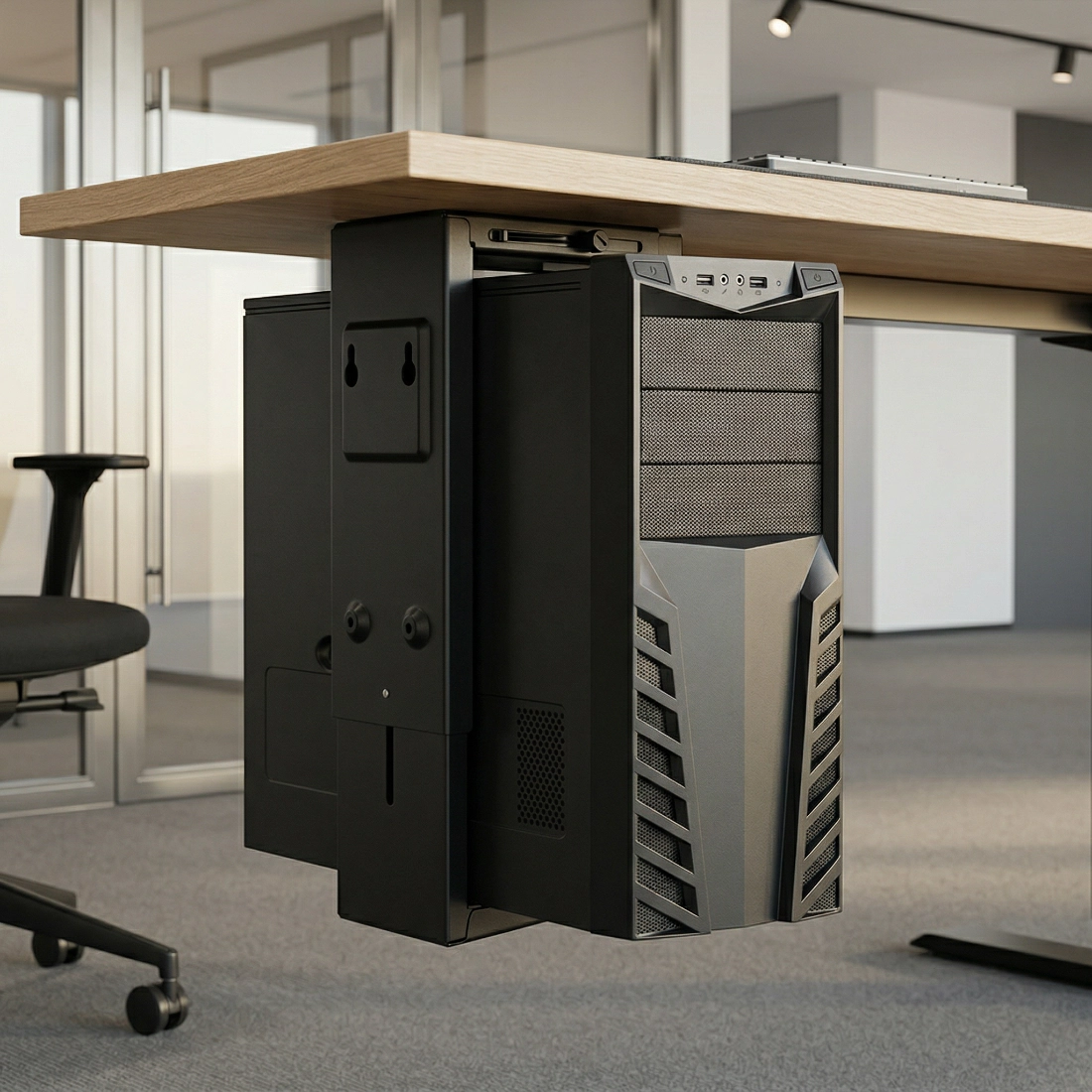 Podwieszony w uchwycie SPACETRONIK SPB105B komputer stacjonarny z łatwym dostępem do portów i kabli z tyłu obudowy