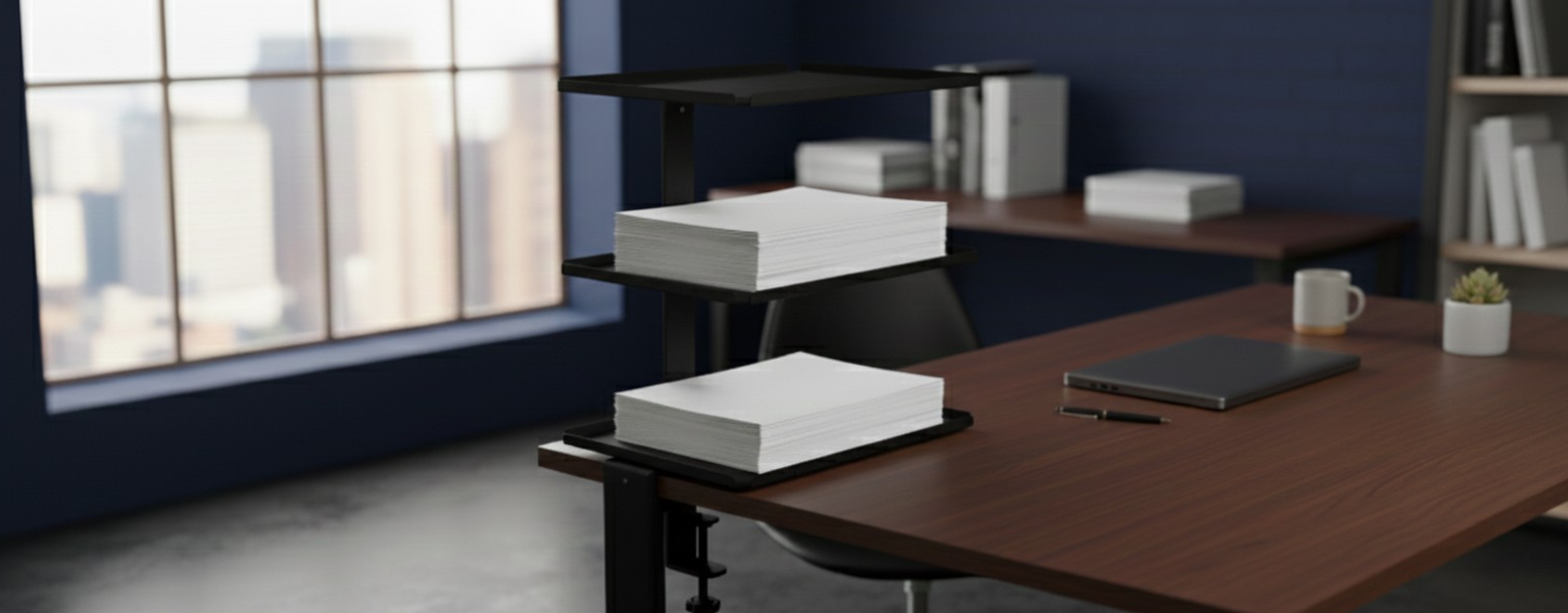 boczny organizer do biurka SPB147B czarny na zacisk – półki do przechowywania obok blatu