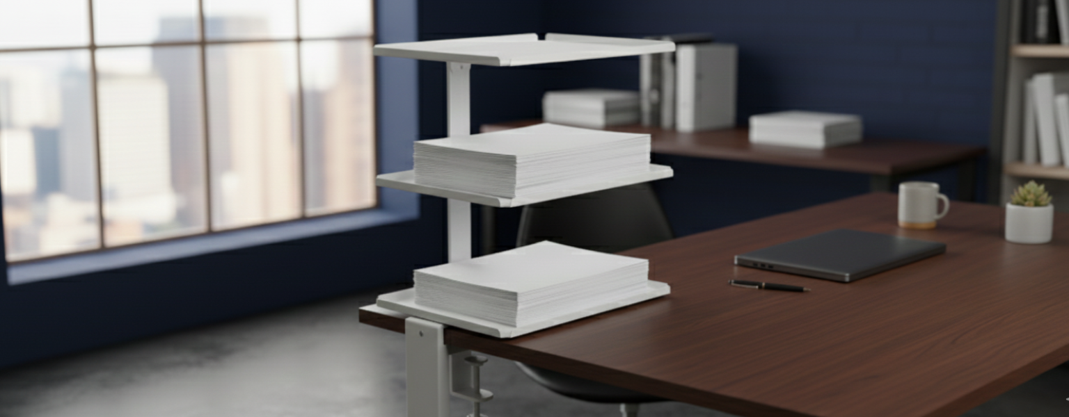 boczny organizer do biurka SPB147W biały na zacisk – półki do przechowywania obok blatu