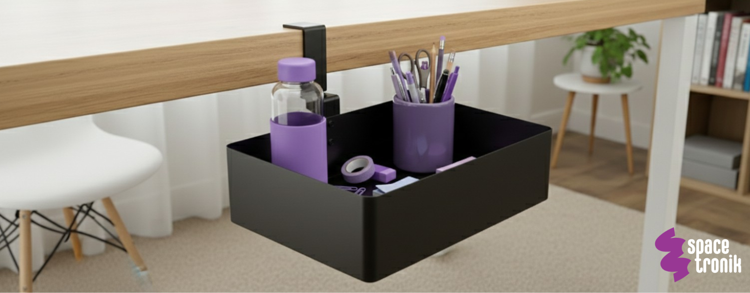 boczny organizer do biurka SPB148B czarny na zacisk – dodatkowa półka na laptopa lub książki