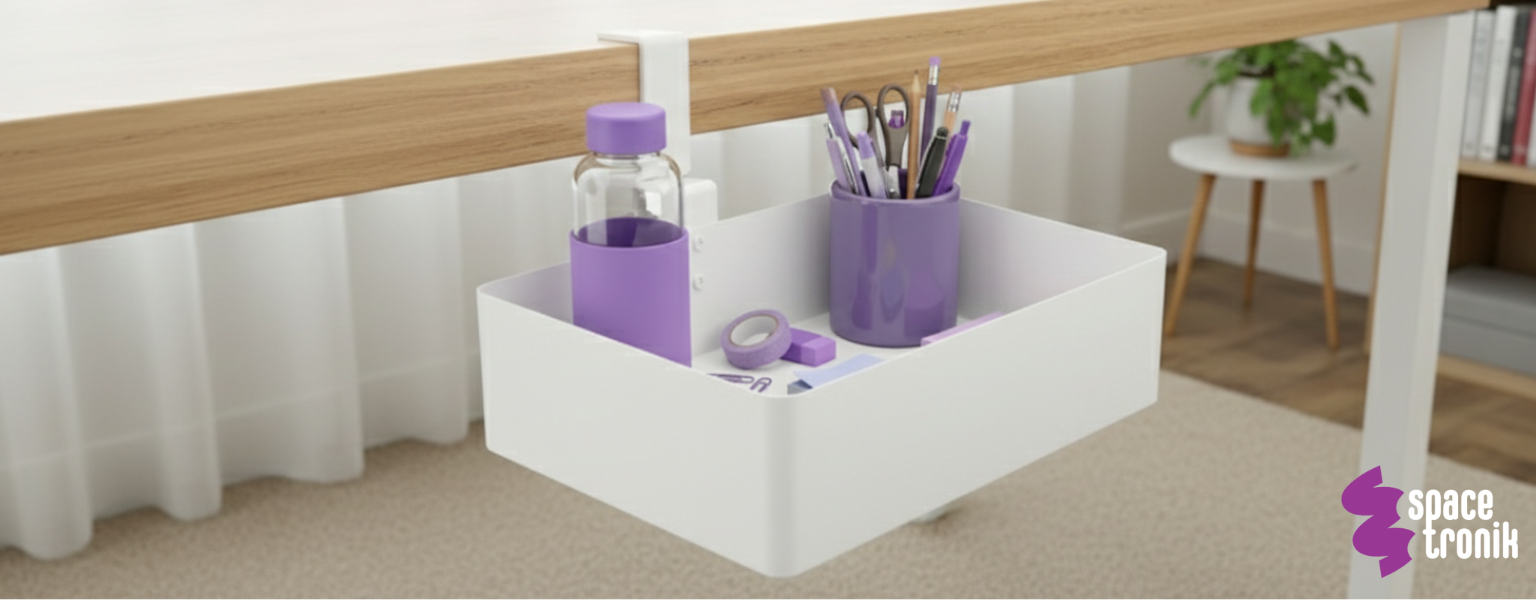 boczny organizer do biurka SPB148W biały na zacisk – dodatkowa półka na laptopa lub książki
