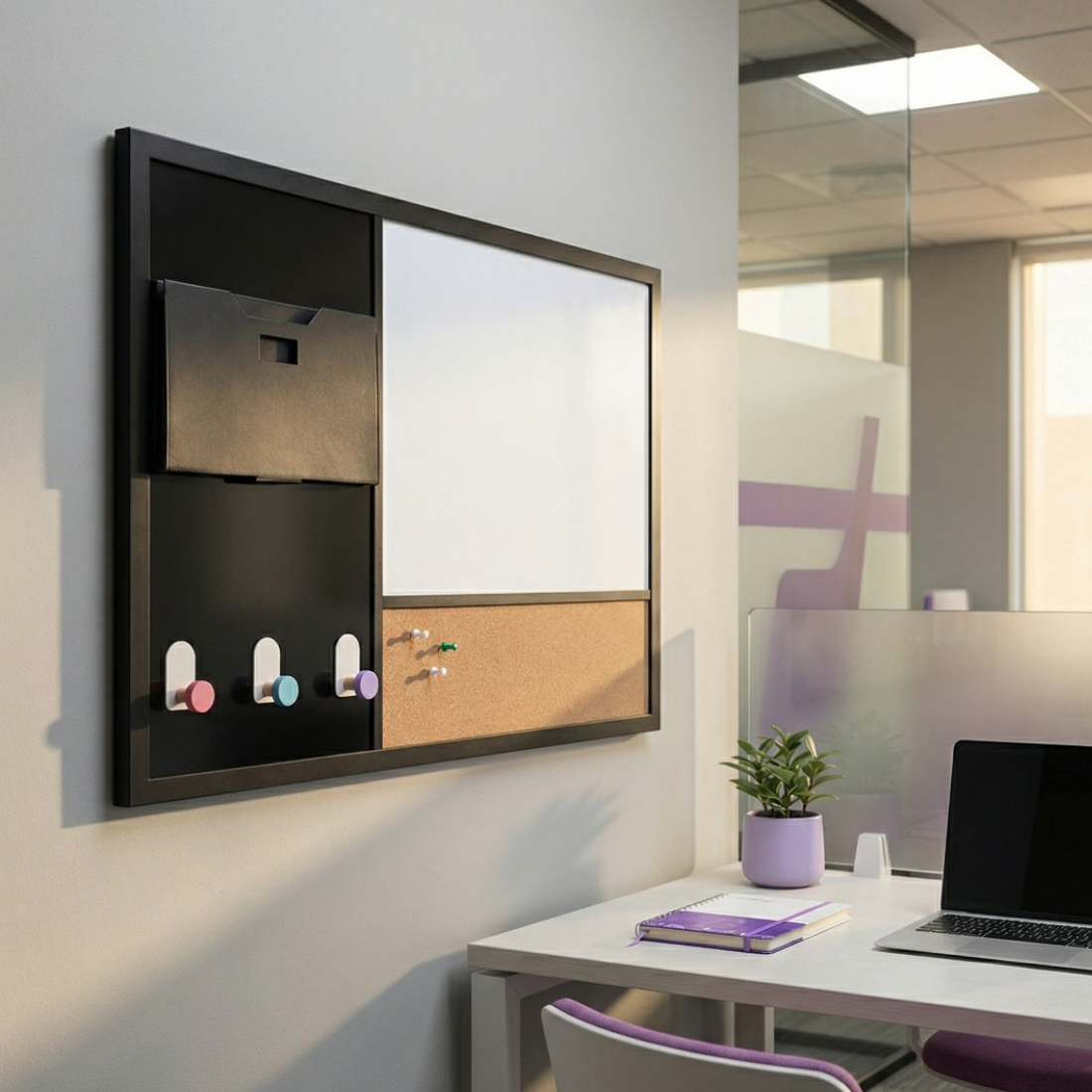 Tablica wielofunkcyjna 3w1 z częścią korkową i magnetyczną w biurze