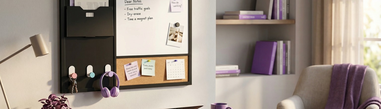 Tablica magnetyczna korkowa z organizerem na dokumenty Spacetronik SPB201 nad biurkiem