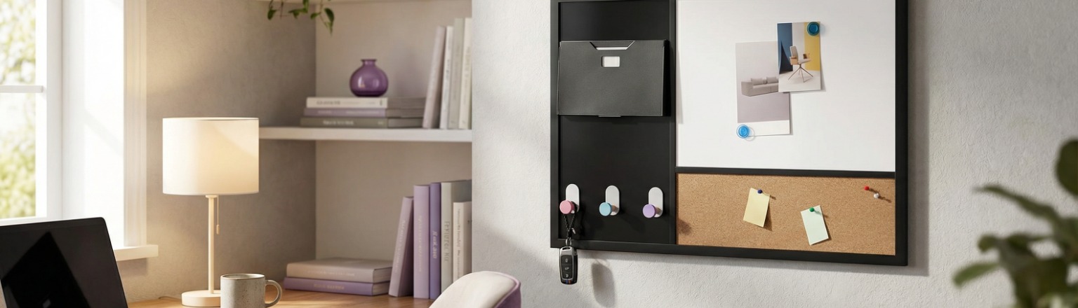 Tablica wielofunkcyjna 3w1 nad biurkiem z organizerem na dokumenty i wieszakami