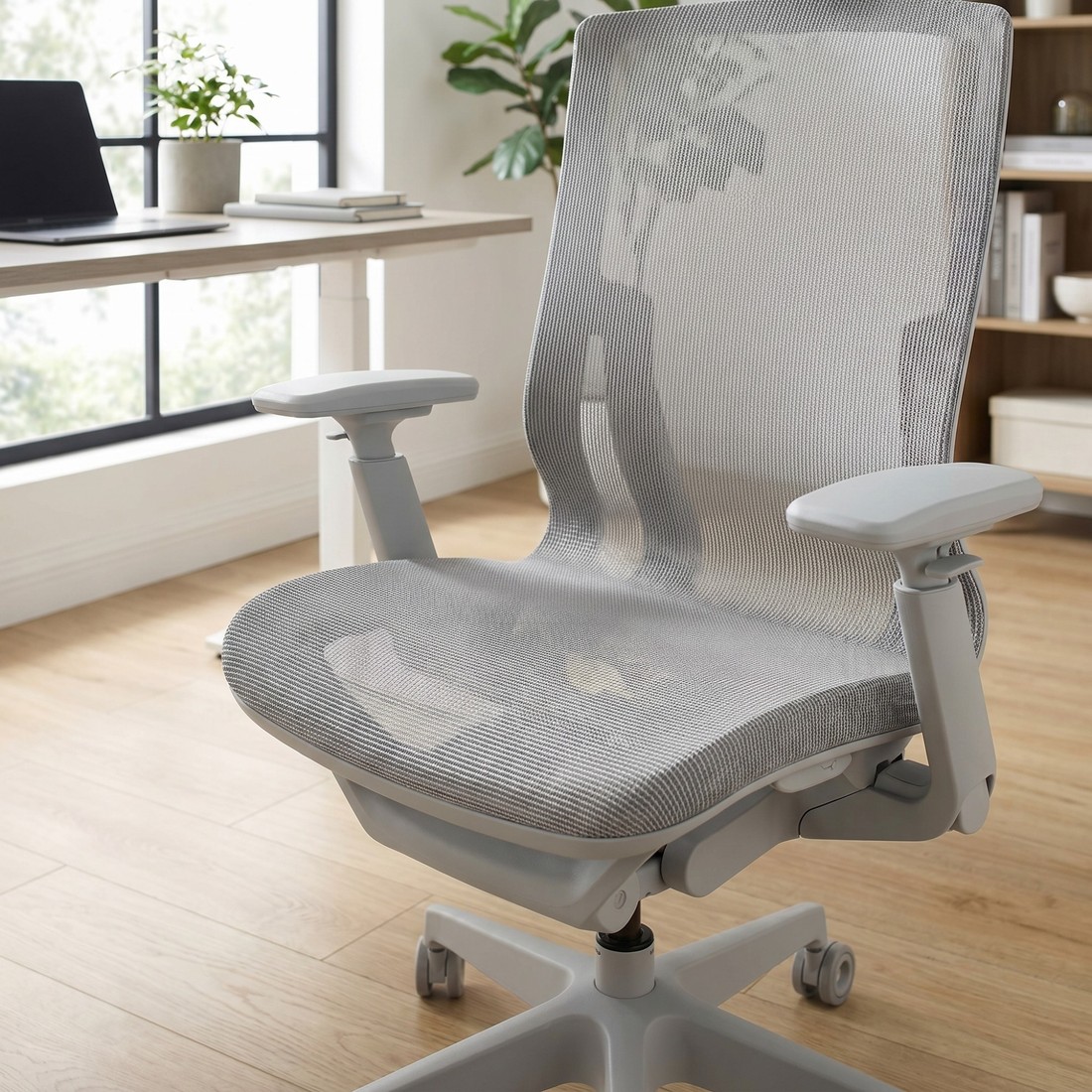 Zbliżenie na elastyczną siatkę siedziska fotela ergonomicznego