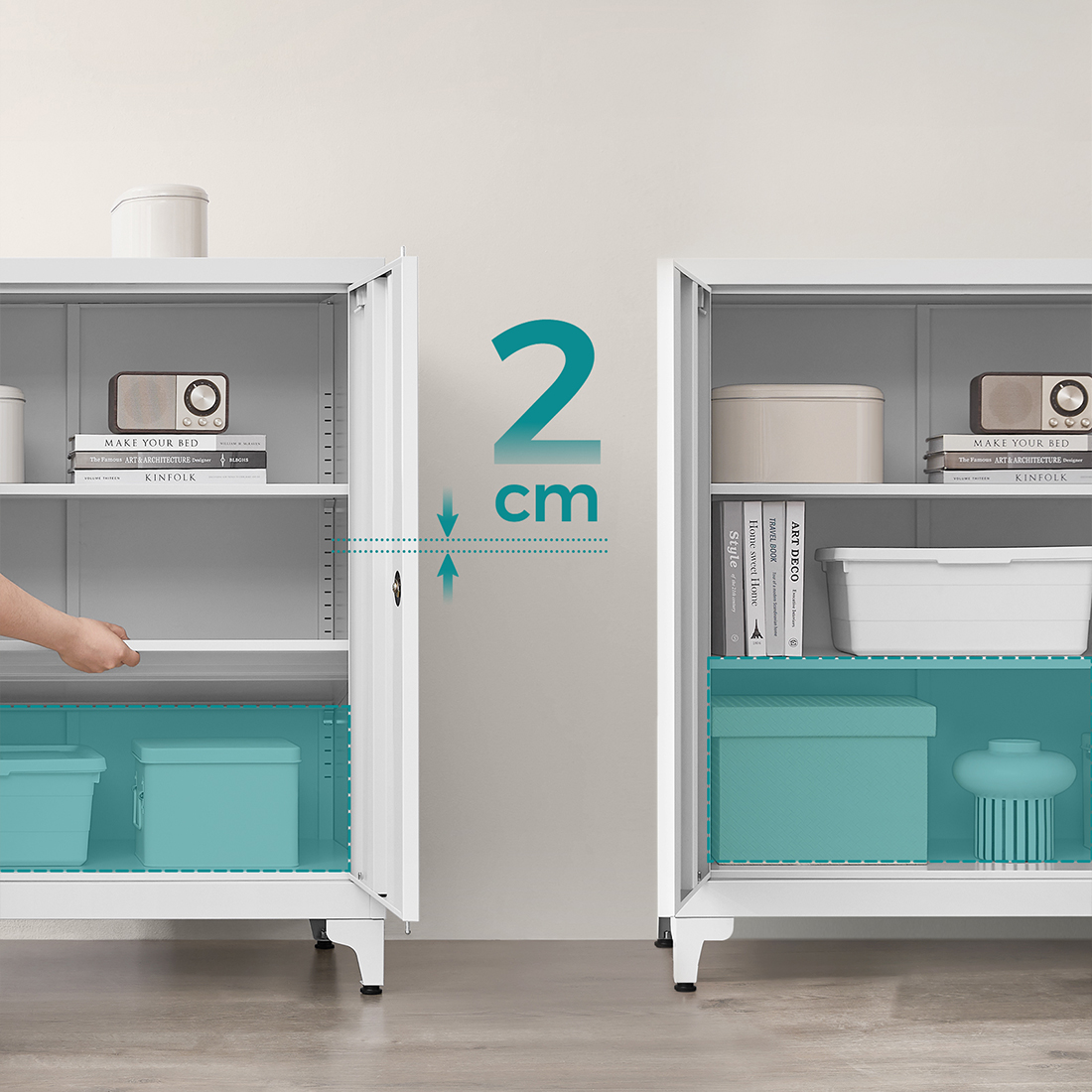 Regulowane półki w metalowej szafce Spacetronik SPC160G