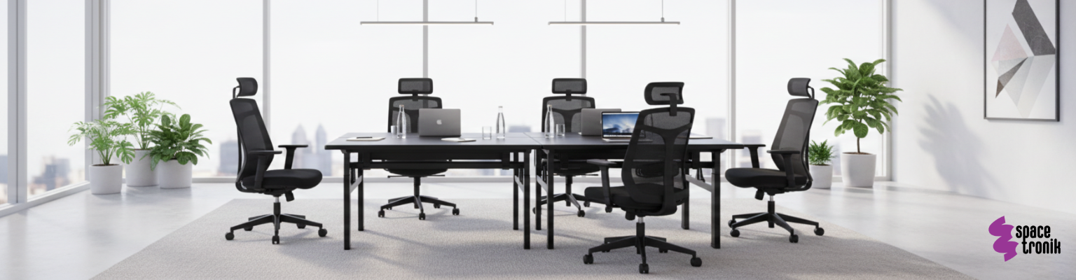 zestaw: 2x podwójny stelaż SPE-440B czarny + 4 blaty MDF Pure Black + 4 fotele GRINGO czarne