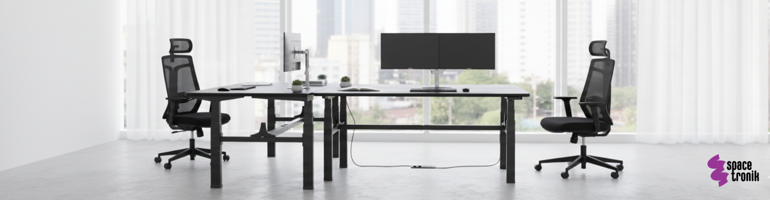 zestaw: podwójny stelaż elektryczny SPE-440B czarny + 2 blaty MDF Pure Black + 2 fotele ergonomiczne GRINGO czarne