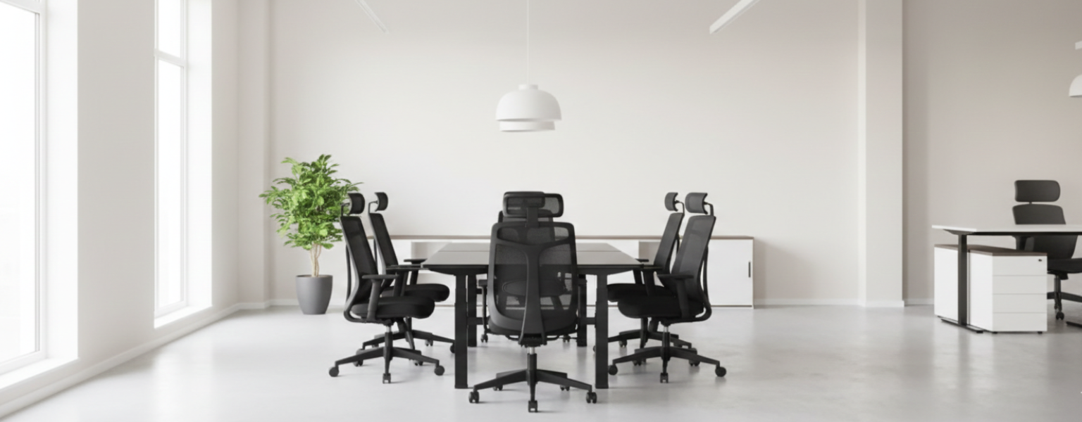 zestaw do open space: 2x podwójny stelaż + 4 blaty + 4 fotele