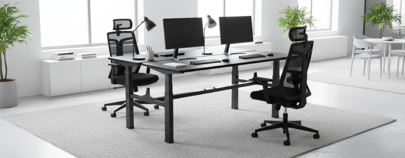 zestaw do open space: podwójny stelaż + blaty Pure Black + fotele GRINGO