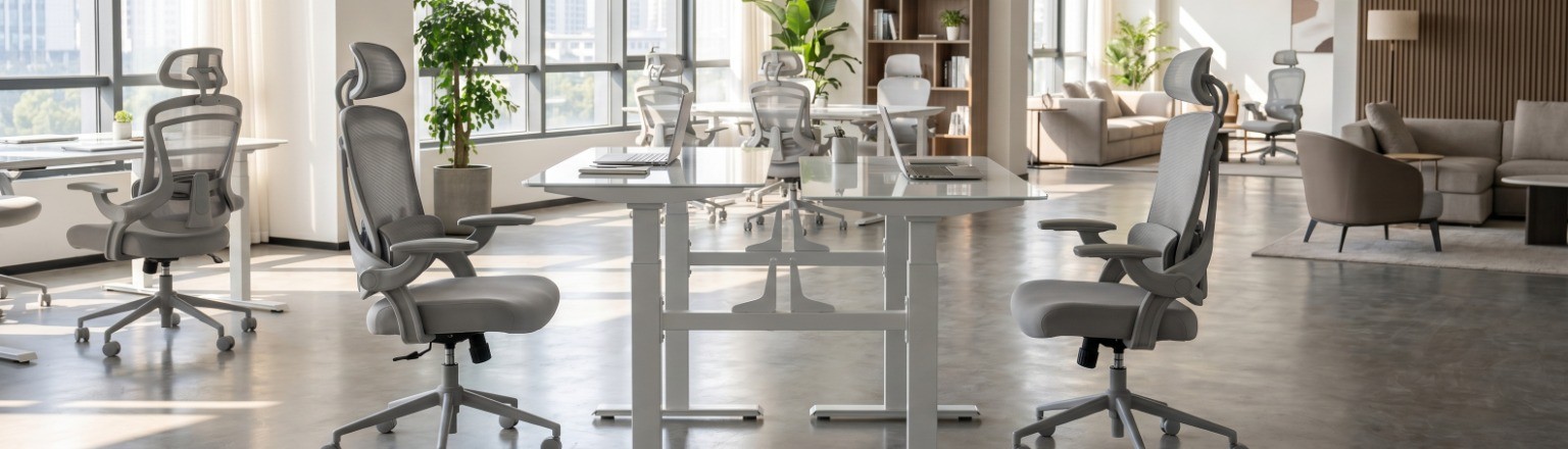 zestaw: podwójny stelaż elektryczny SPE-440W biały + 2 blaty MDF Porcelain + 2 krzesła obrotowe DORIS 11 szare