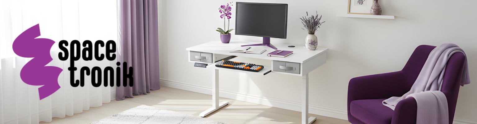 biurko stojące regulowane SPEF122WW_120_60 120x60 białe regulacja wysokości 81-126 cm szuflada soft-close półka na klawiaturę