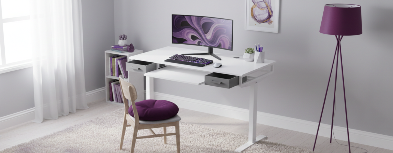 biurko stojące SPEF122WW_120_60 120x60 białe regulowane ergonomiczne z szufladą i półką na klawiaturę