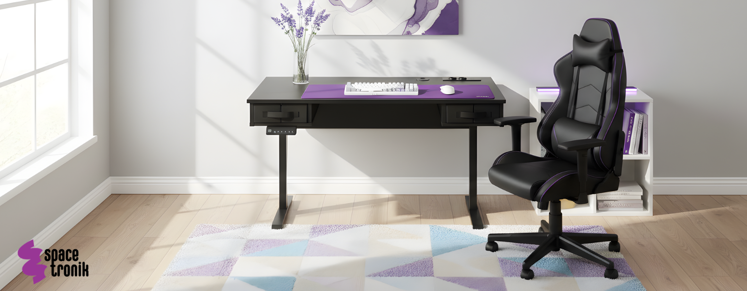 biurko stojące SPEF122BB 120x60 regulowane ergonomiczne z szufladą i półką na klawiaturę