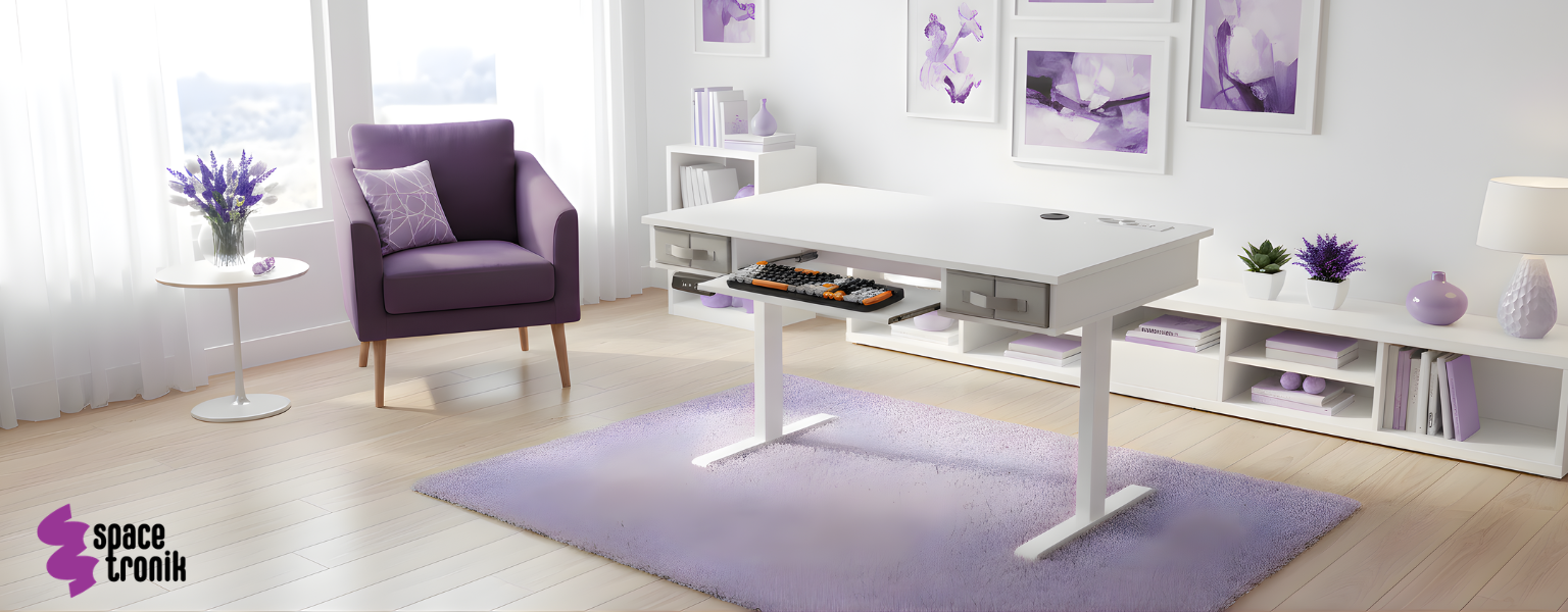 biurko stojące SPEF122WW_120_60 120x60 białe regulowane ergonomiczne z szufladą i półką na klawiaturę