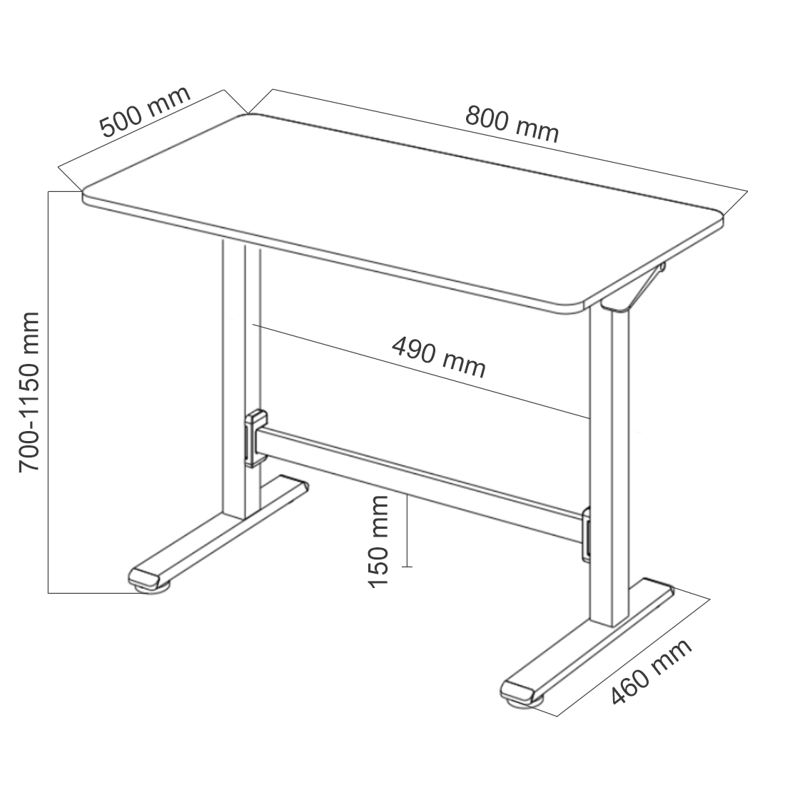 Rysunek techniczny biurka regulowanego pneumatycznie SPEO101 BB 80x50 cm