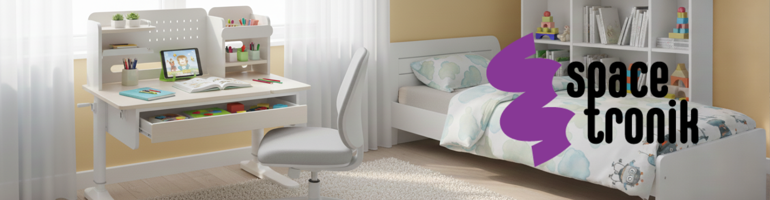 Biurko dziecięce SPEX113WW_100 białe z drewnianym blatem, 4 półki ze ściankami, szuflada i regulacja 56-75 cm