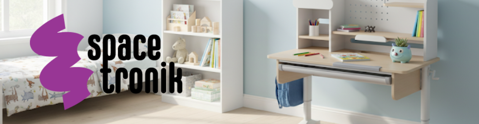 Biurko dziecięce SPEX113WL_100 białe z drewnianym blatem, 4 półki ze ściankami, szuflada i regulacja 56-75 cm