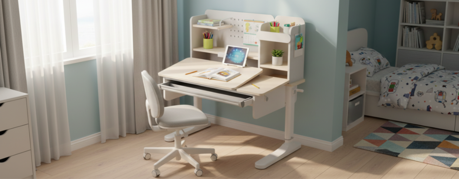 Biurko dziecięce SPEX113WW_100 białe z drewnianym blatem i półkami