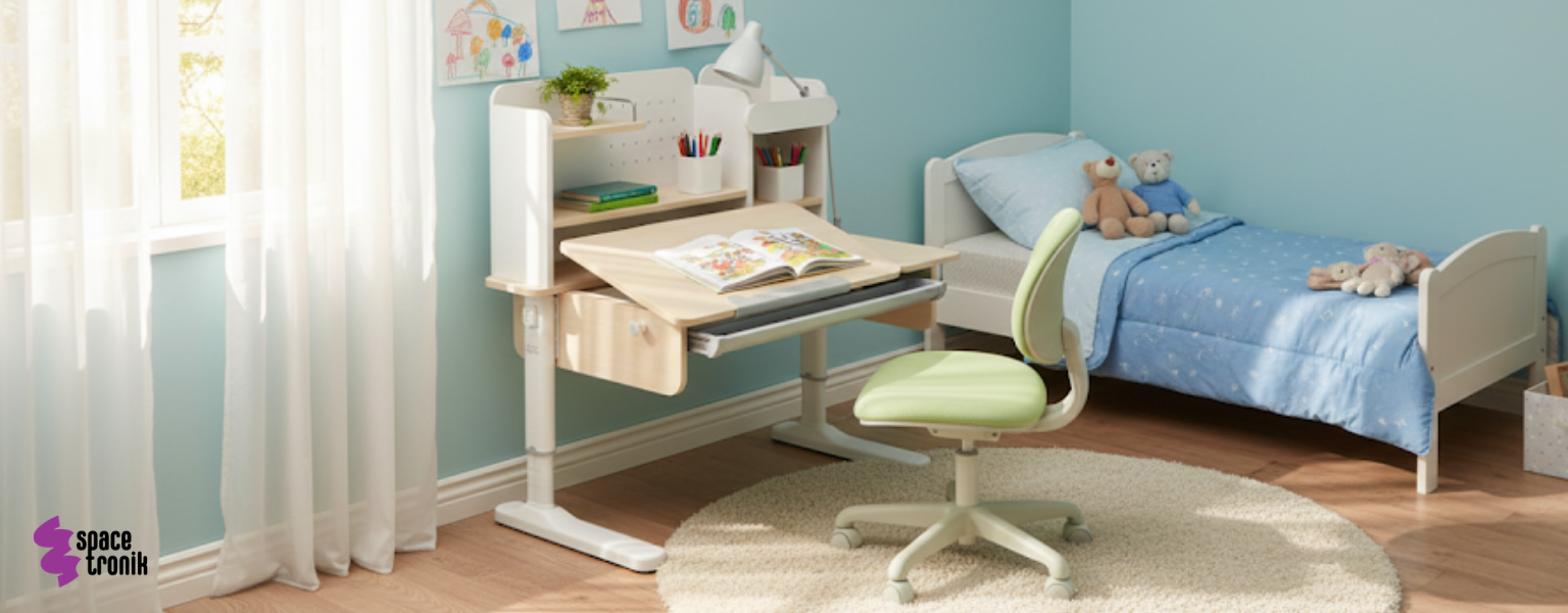 Biurko dziecięce SPEX113WL_100 białe z drewnianym blatem i półkami