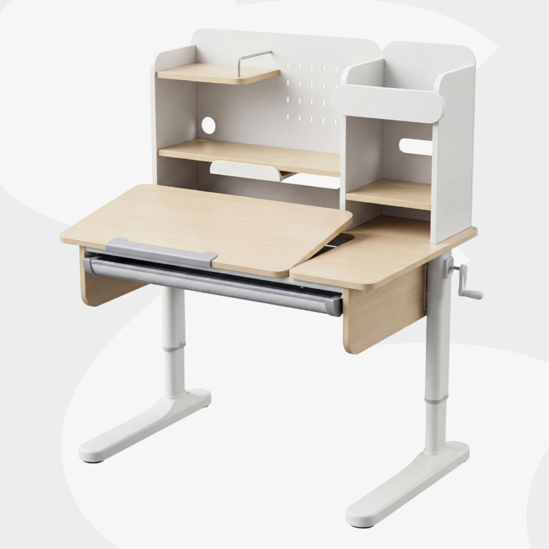 Biurko dziecięce SPEX113WL_100 – najważniejsze cechy: regulacja korbką, pochylny blat, półki i szuflada