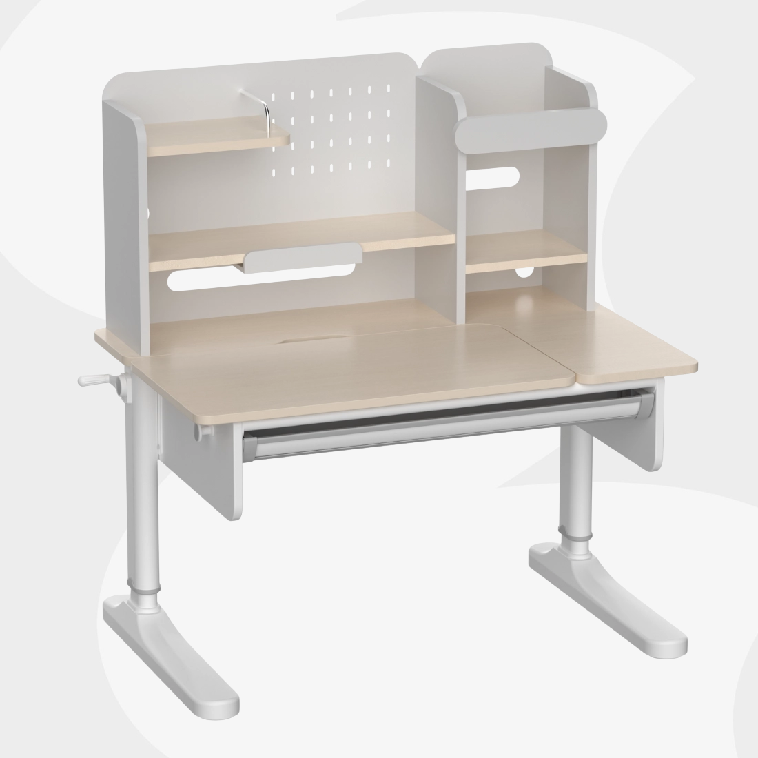 Biurko dziecięce SPEX113WW_100 – najważniejsze cechy: regulacja korbką, pochylny blat, półki i szuflada