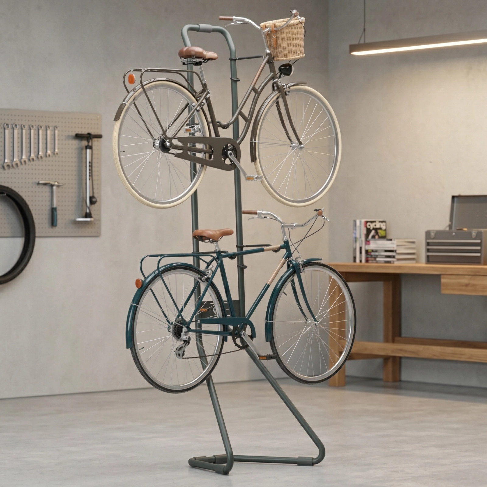 Minimalistischer vertikaler Ständer für zwei Fahrräder Spacetronik SPG145B im Wohnzimmer