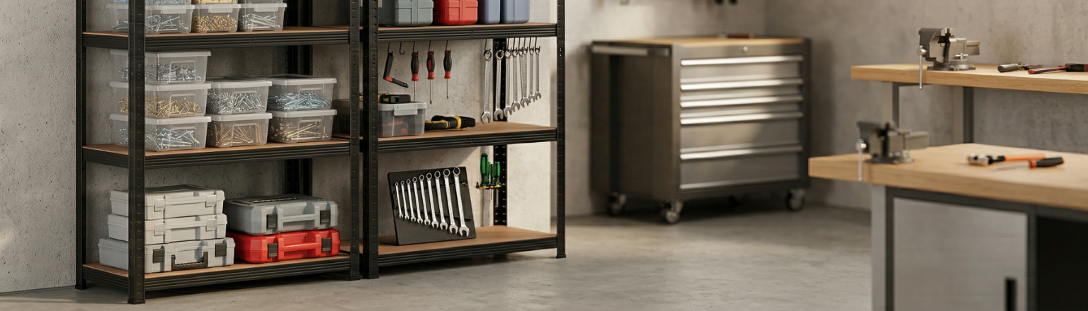 Czarny regał metalowy Spacetronik w stylu loft do magazynu i domu