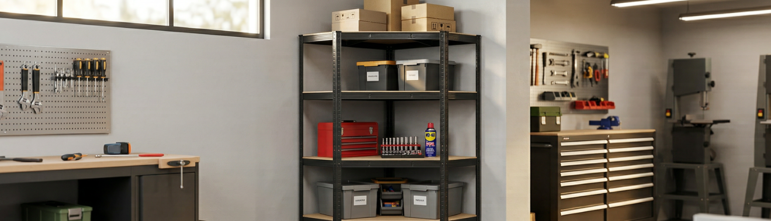 Regał narożny metalowy Spacetronik SPG150B_180_90_90 w aranżacji garażowej