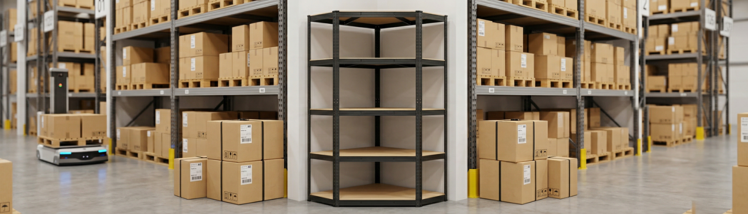 Wytrzymały regał narożny Spacetronik SPG150B w aranżacji magazynowej