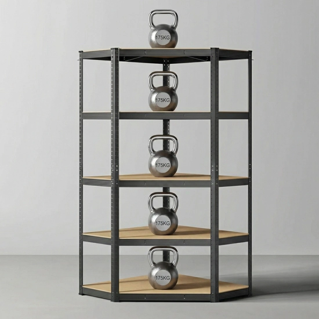 Metalowy regał narożny z systemem montażu na wcisk i wzmocnionymi półkami