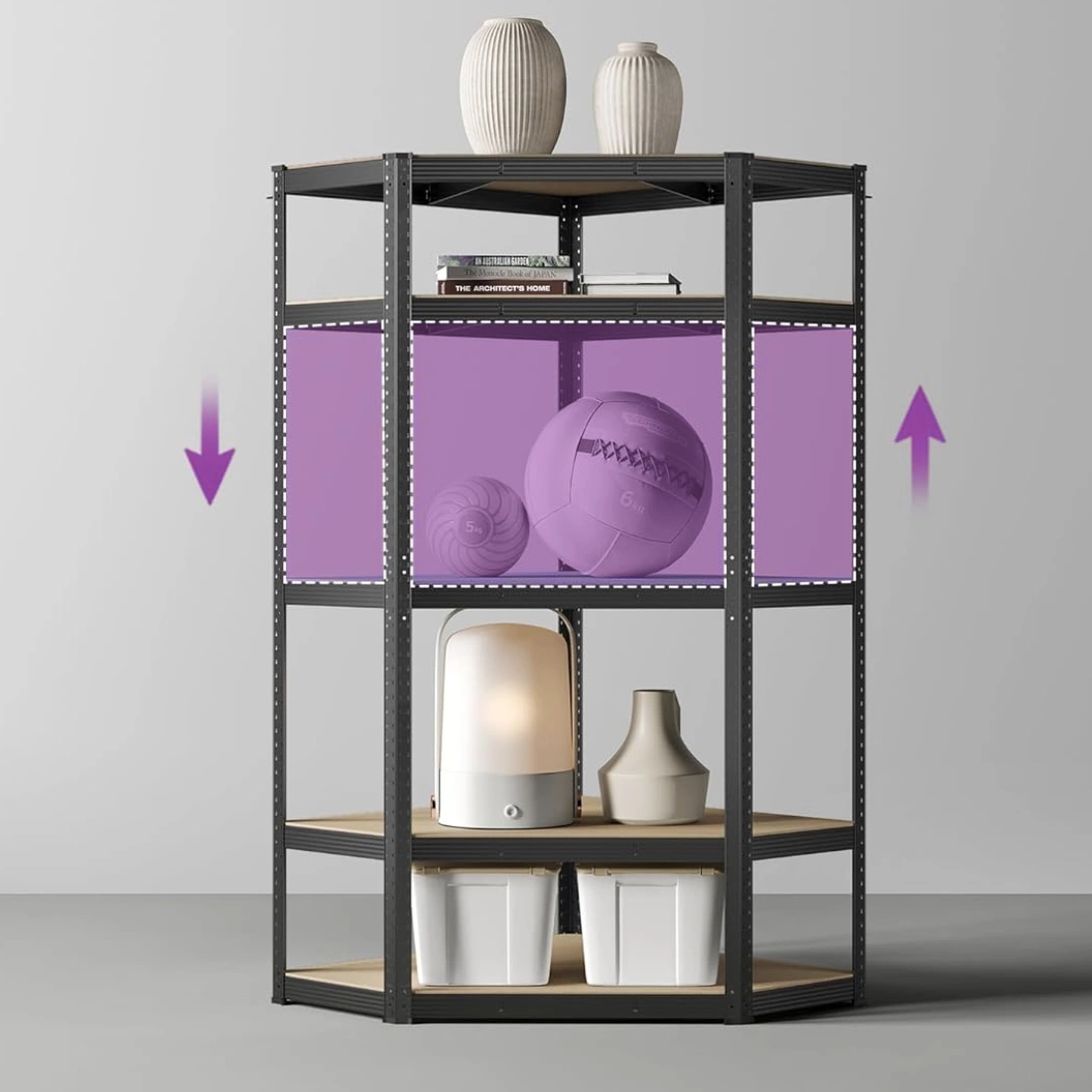 Regał narożny Spacetronik rozdzielony na dwa niższe moduły warsztatowe