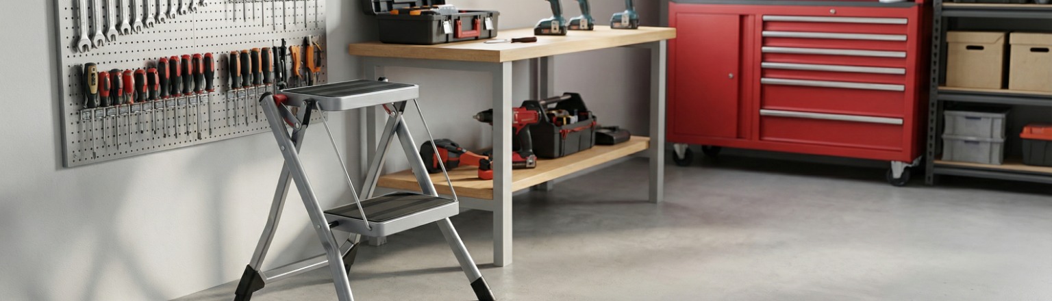 Aufgestellte Stahlleiter Spacetronik SPG220G in modernem Interieur