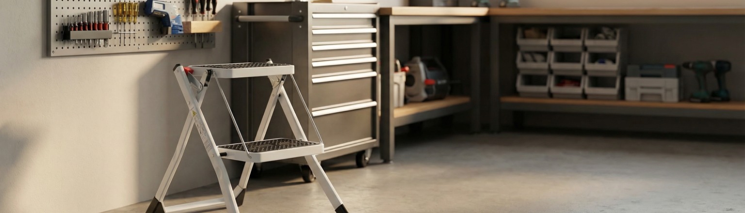 Zweistufige klappbare Haushaltsleiter Spacetronik SPG220W in weiß-schwarzer Farbe