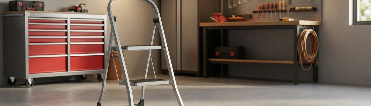 2-stufige Haushaltsleiter SPACETRONIK SPG221G grau in modernem Innenraum