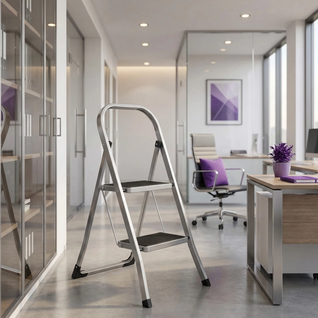 Zusammenklappbare Haushaltsleiter Spacetronik mit 4 cm Dicke hinter einem Schrank verstaut