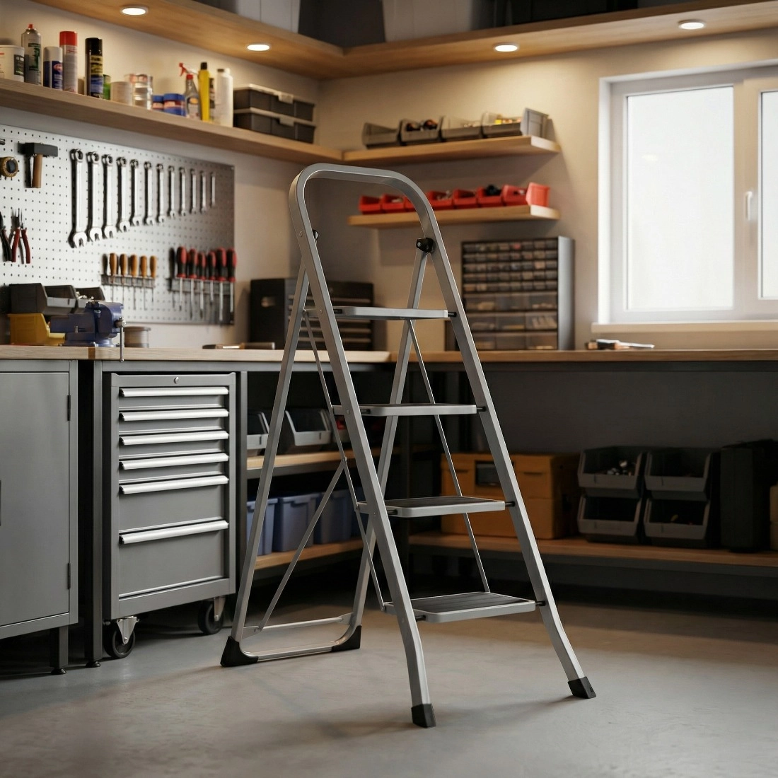 Szara drabina domowa 4-stopniowa z antypoślizgowymi stopniami