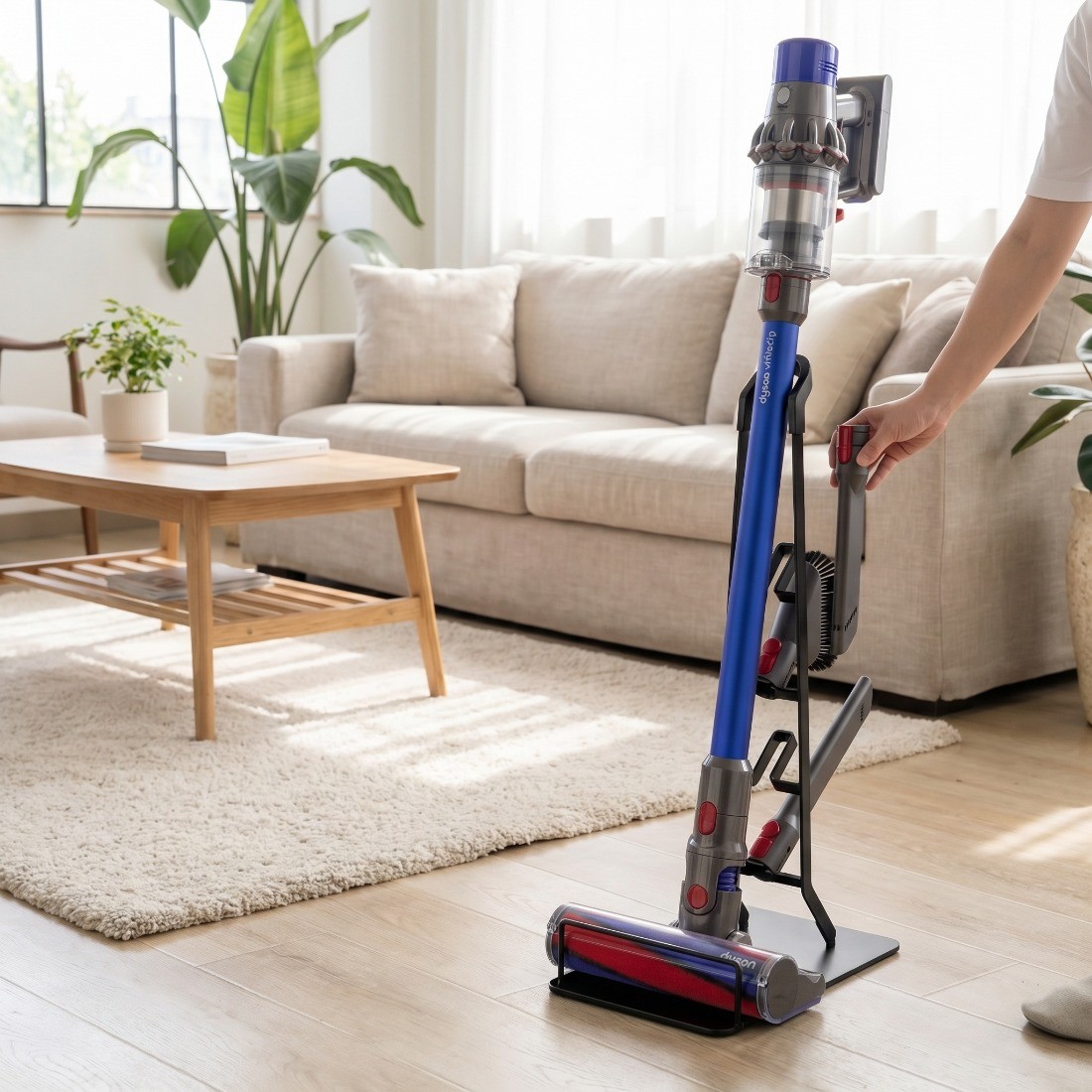 Ergonomiczne ułożenie akcesoriów na czarnym stojaku ułatwiające szybki dostęp do końcówek odkurzacza
