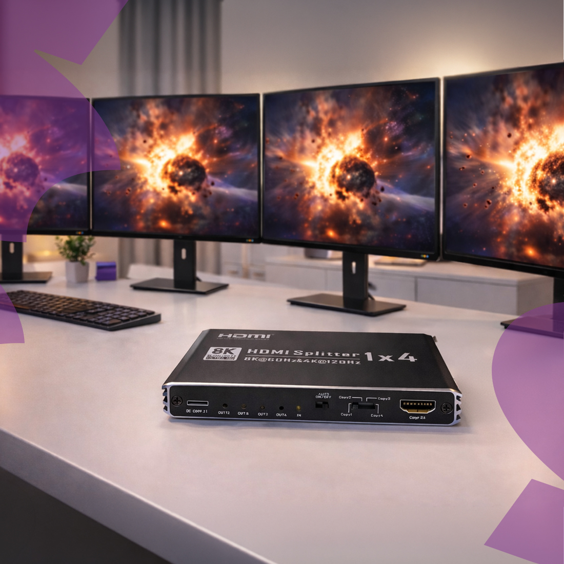 splitter HDMI 1x4, rozdzielacz HDMI do czterech ekranów, HDMI 8K Spacetronik, instalacje AV, kino domowe HDMI