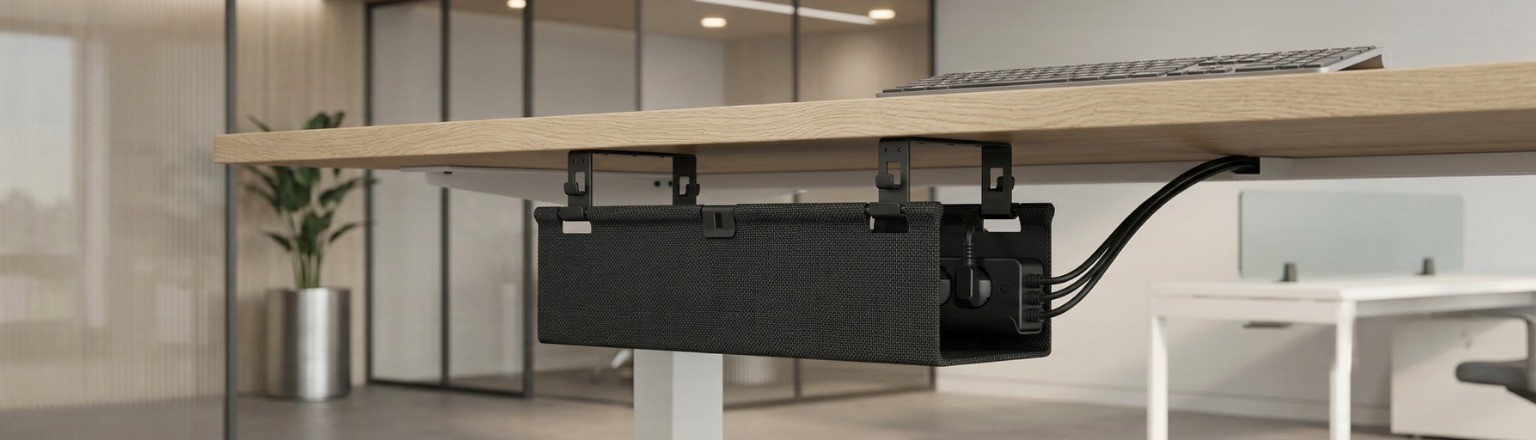 Czarny organizer na kable pod biurko Spacetronik SPK526B_040_016 z materiału Oxford