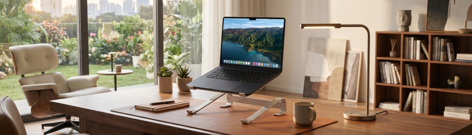 Srebrna aluminiowa podstawka pod laptopa Spacetronik SPP101S na biurku