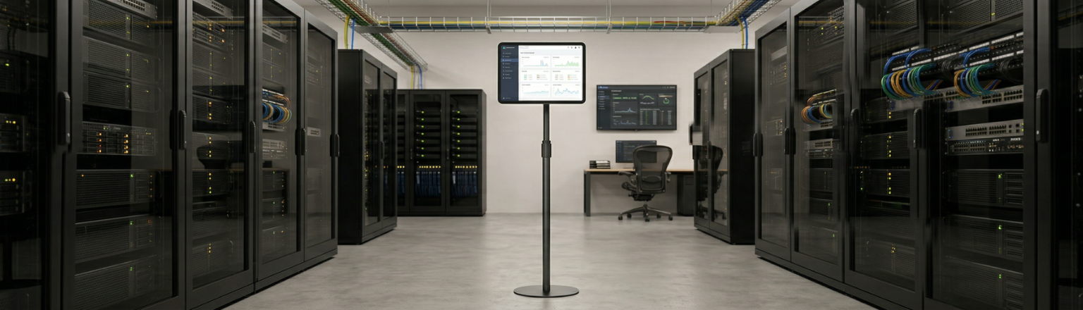 Stojak podłogowy na tablet Spacetronik SPP128B z regulacją wysokości w zastosowaniu komercyjnym