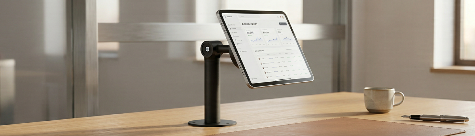 Minimalistyczny stojak antykradzieżowy na tablet Spacetronik SPP125B w użyciu