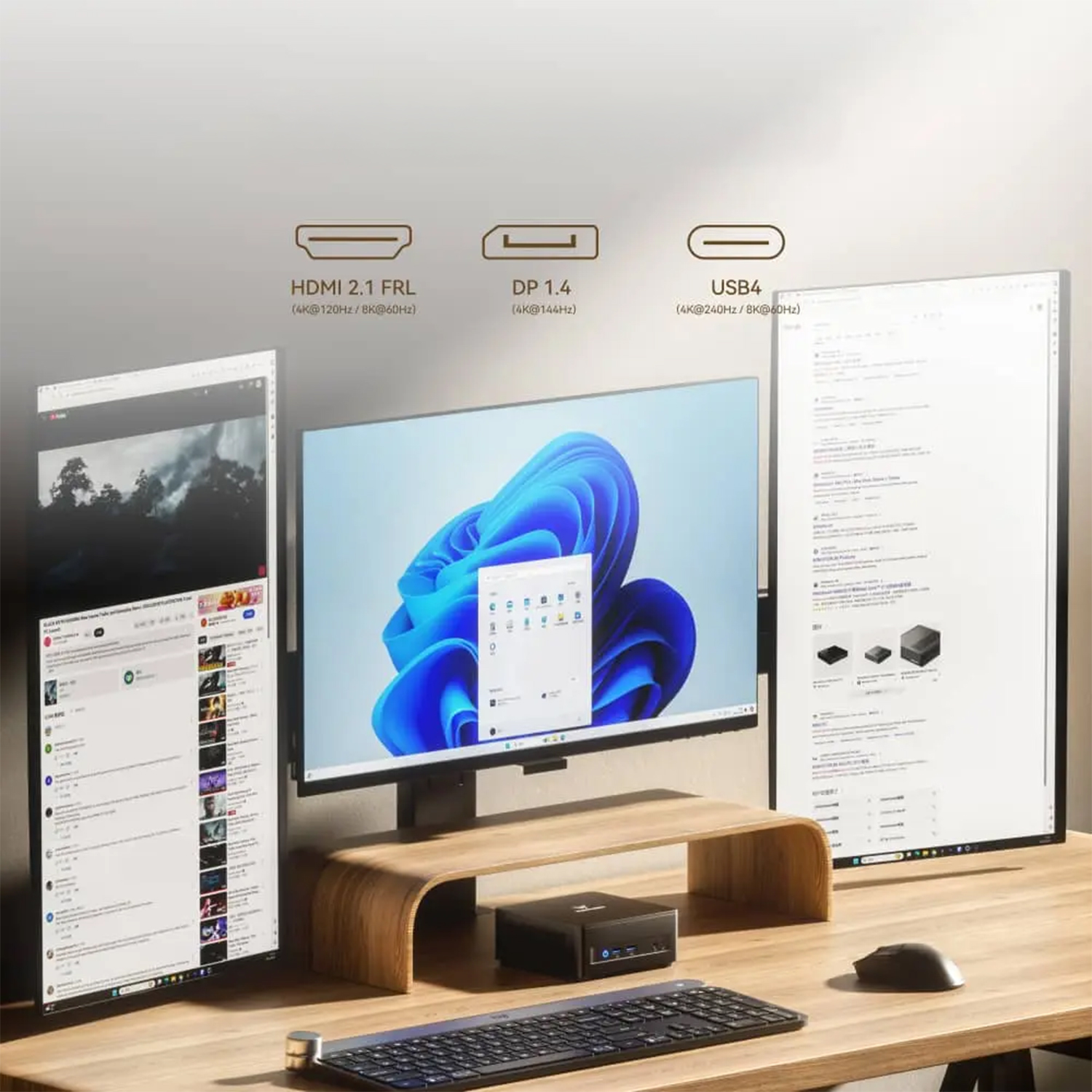 Minisforum UM760 Slim obsługa 3 monitorów HDMI 2.1 DisplayPort 1.4 USB4 4K