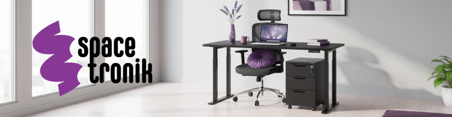 zestaw: biurko elektryczne SPE426B + blat MDF Pure Black + krzesło Spacetronik SPC-NERO + szafka podbiurkowa SPC150B