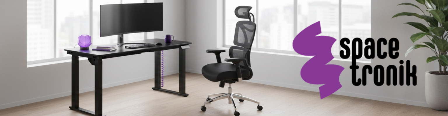 zestaw: biurko elektryczne na 4 nogach SPE426B czarne + blat MDF malowany proszkowo Pure Black + krzesło ergonomiczne Spacetronik SPC-NERO