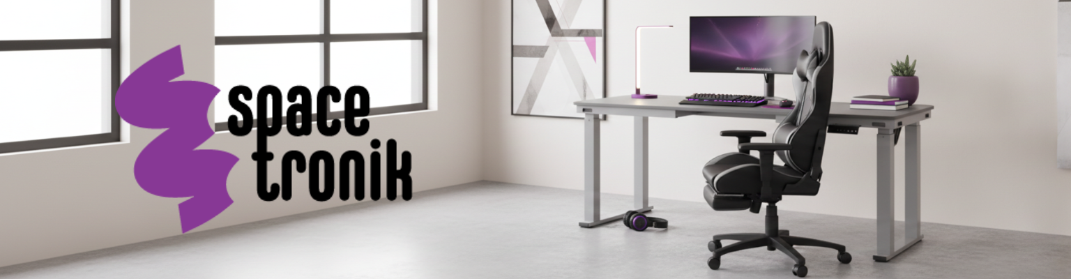 zestaw: biurko elektryczne SPE426G czteronożne + blat MDF Steel Grey + fotel gamingowo biurowy Spacetronik Rally z podnóżkiem