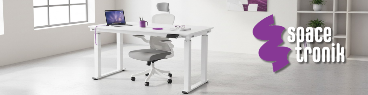 zestaw ergonomiczny: biurko elektryczne SPE426W biały + blat MDF Porcelain + fotel ergonomiczny ARON