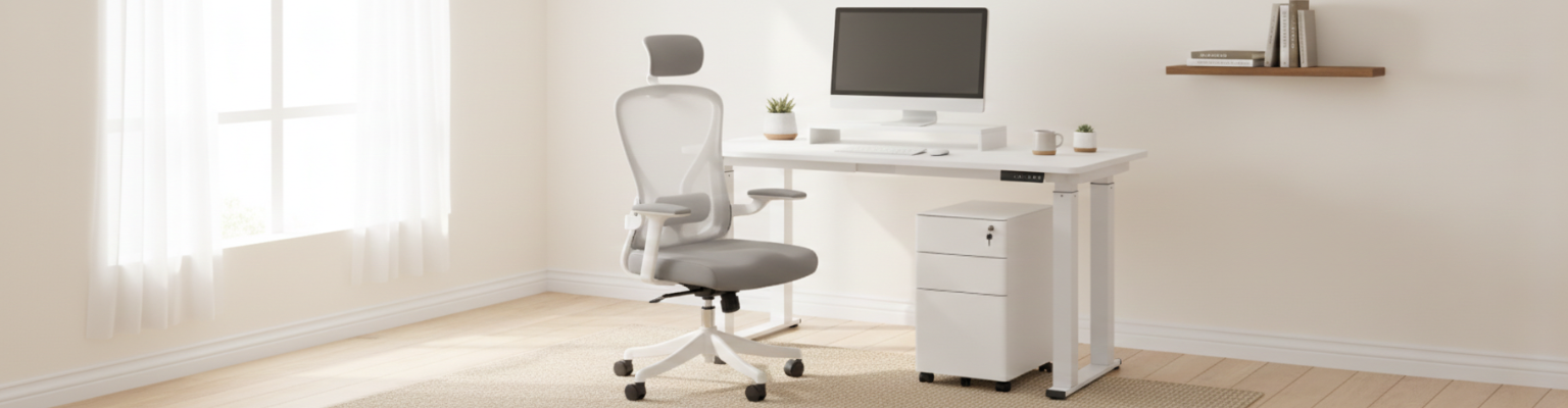 Set: elektrischer 4-Bein-Schreibtisch SPE426W weiß + MDF-Tischplatte Porcelain + ergonomischer Stuhl ARON + weißer Rollcontainer für unter den Schreibtisch SPC150W