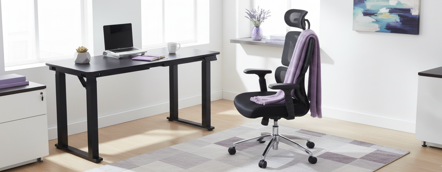 zestaw do pracy: biurko elektryczne i krzesło ergonomiczne